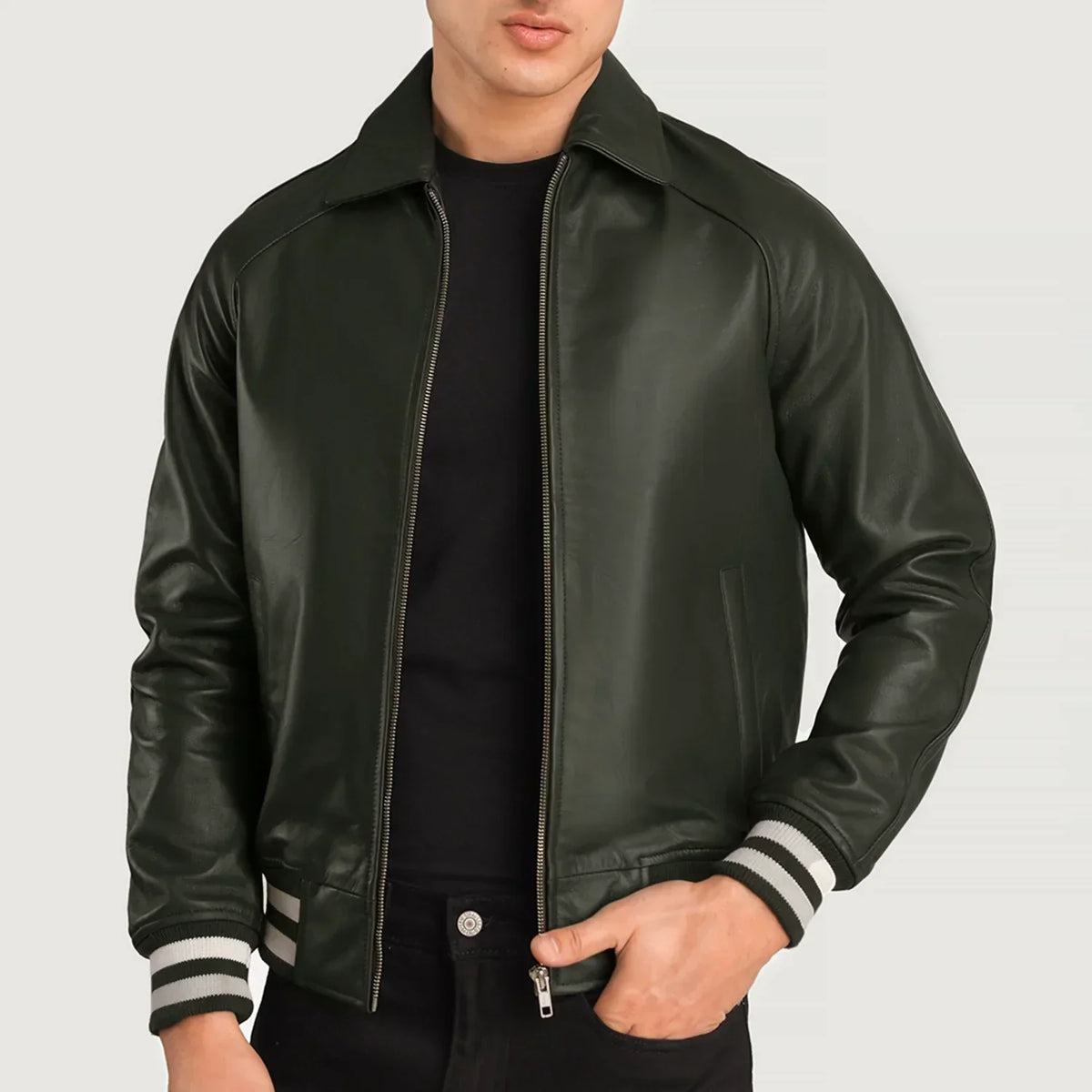Walton Green Leather Varsity Jacket - men's jacket in green sheepskin leather, view 3