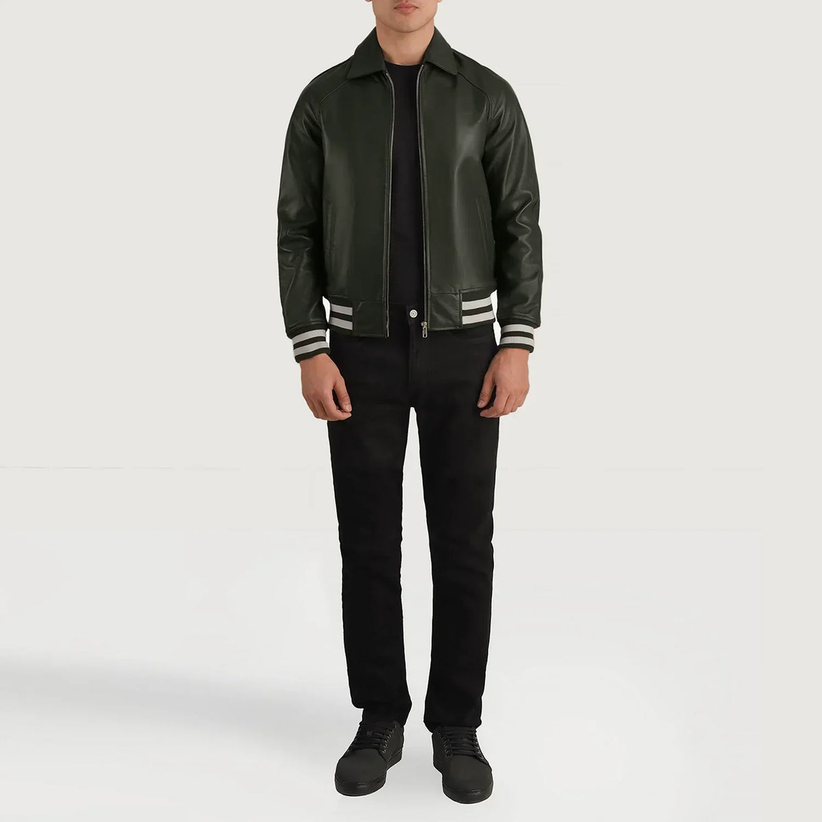 Walton Green Leather Varsity Jacket - men's jacket in green sheepskin leather, view 4