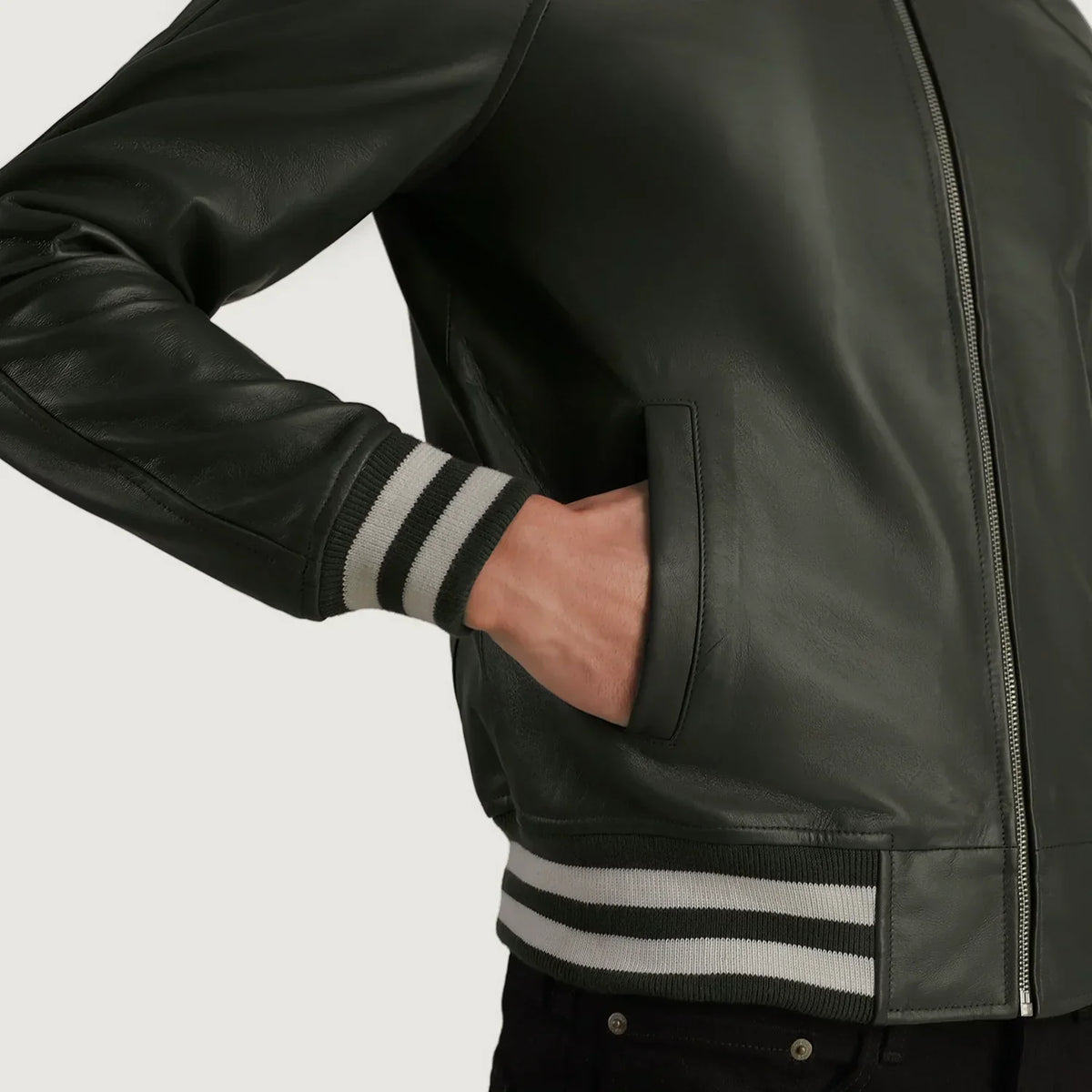 Walton Green Leather Varsity Jacket - men's jacket in green sheepskin leather, view 6