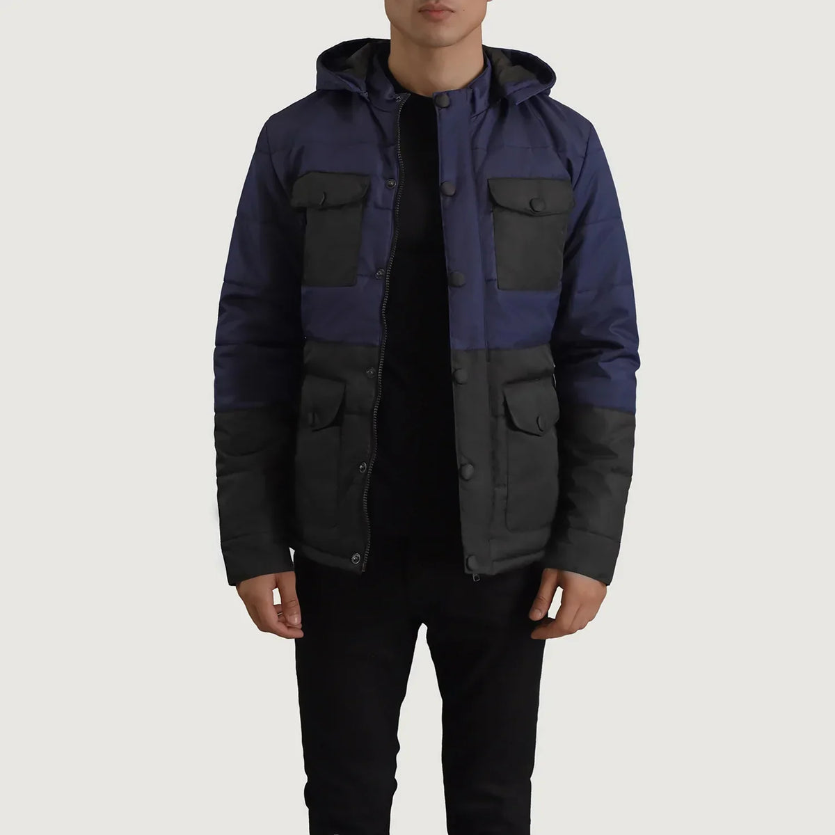 Wayne Black & Blue Hooded Puffer Jacket - men's jacket in black & blue nylon-polyester fabric, view 1