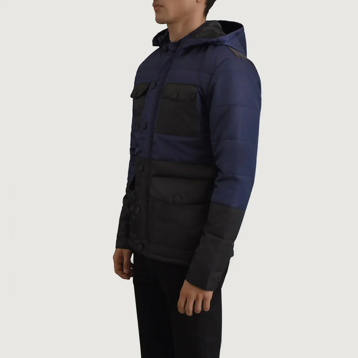 Wayne Black & Blue Hooded Puffer Jacket - men's jacket in black & blue nylon-polyester fabric, view 2