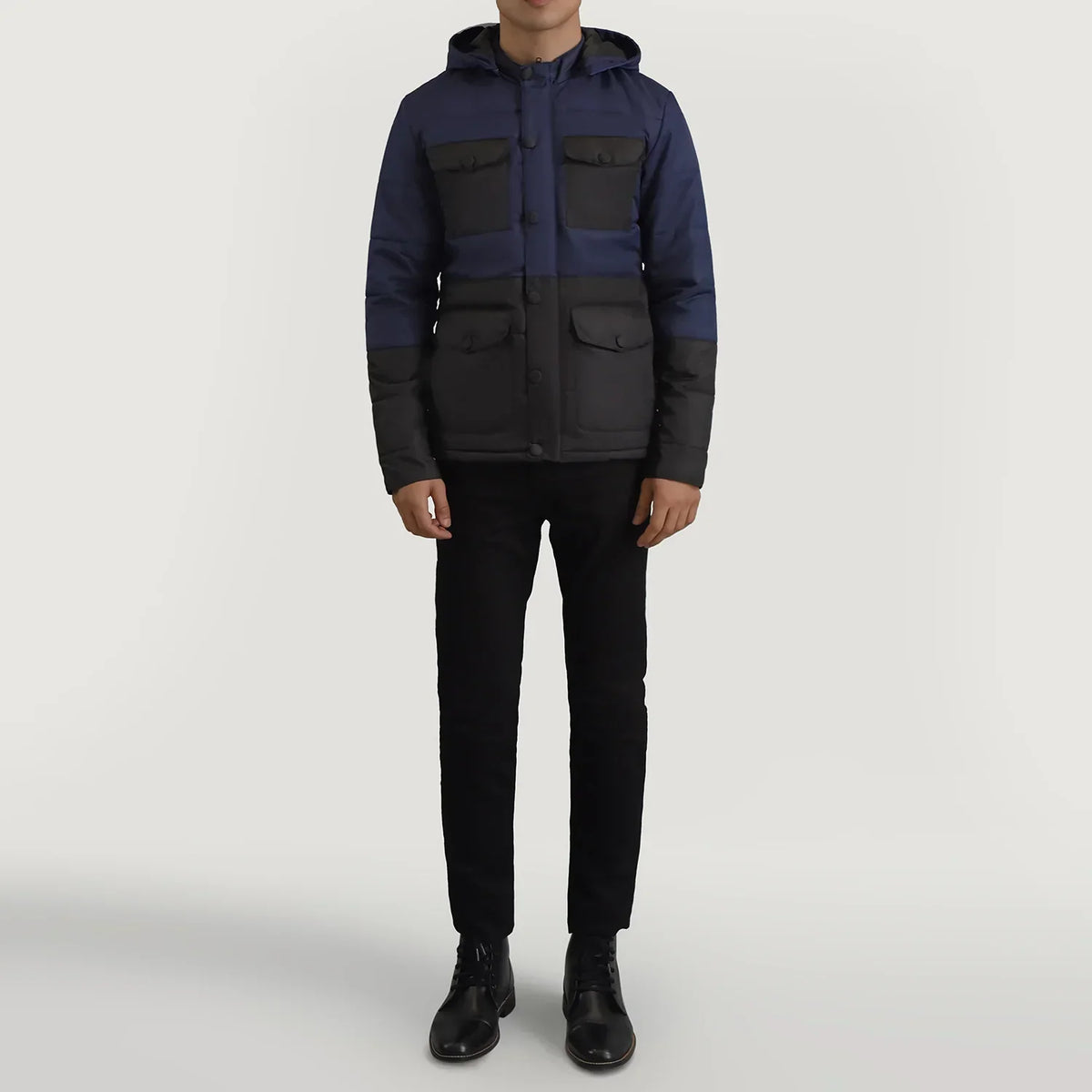 Wayne Black & Blue Hooded Puffer Jacket - men's jacket in black & blue nylon-polyester fabric, view 3