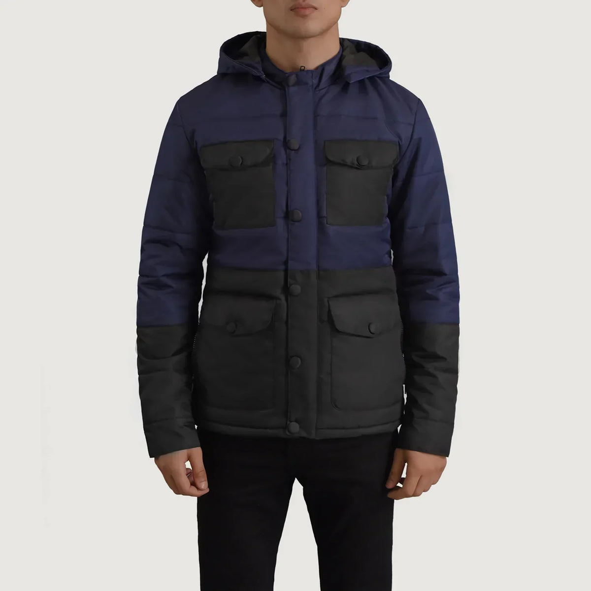 Wayne Black & Blue Hooded Puffer Jacket - men's jacket in black & blue nylon-polyester fabric, view 4