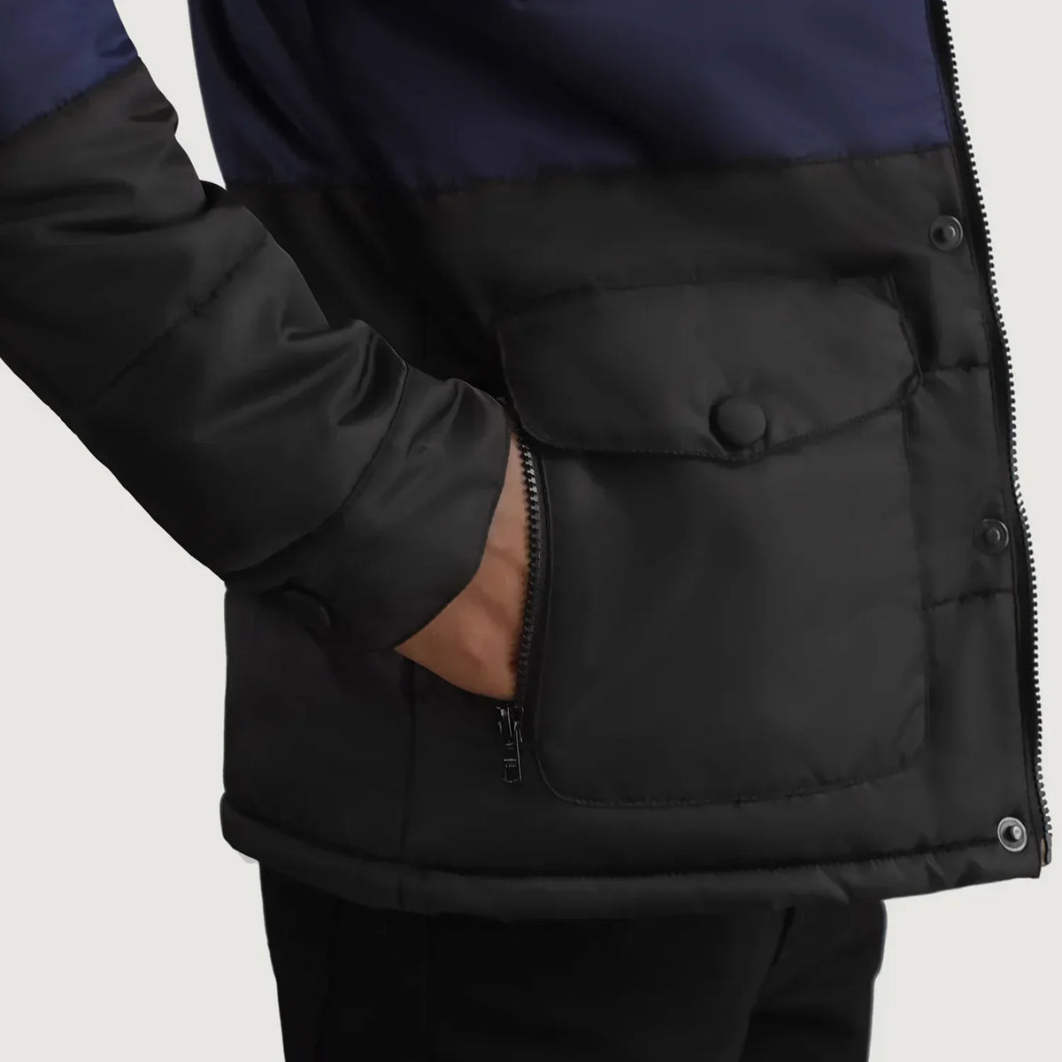 Wayne Black & Blue Hooded Puffer Jacket - men's jacket in black & blue nylon-polyester fabric, view 6