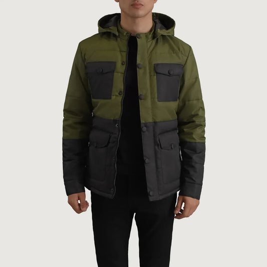 Wayne Black & Green Hooded Puffer Jacket - men's jacket in black & green nylon-polyester fabric, view 1