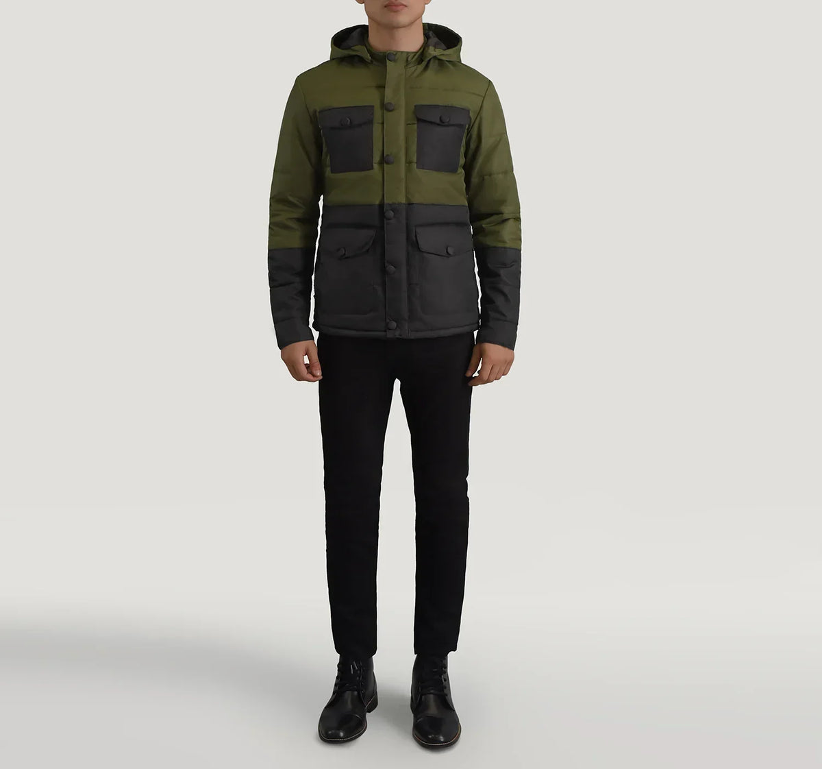 Wayne Black & Green Hooded Puffer Jacket - men's jacket in black & green nylon-polyester fabric, view 3