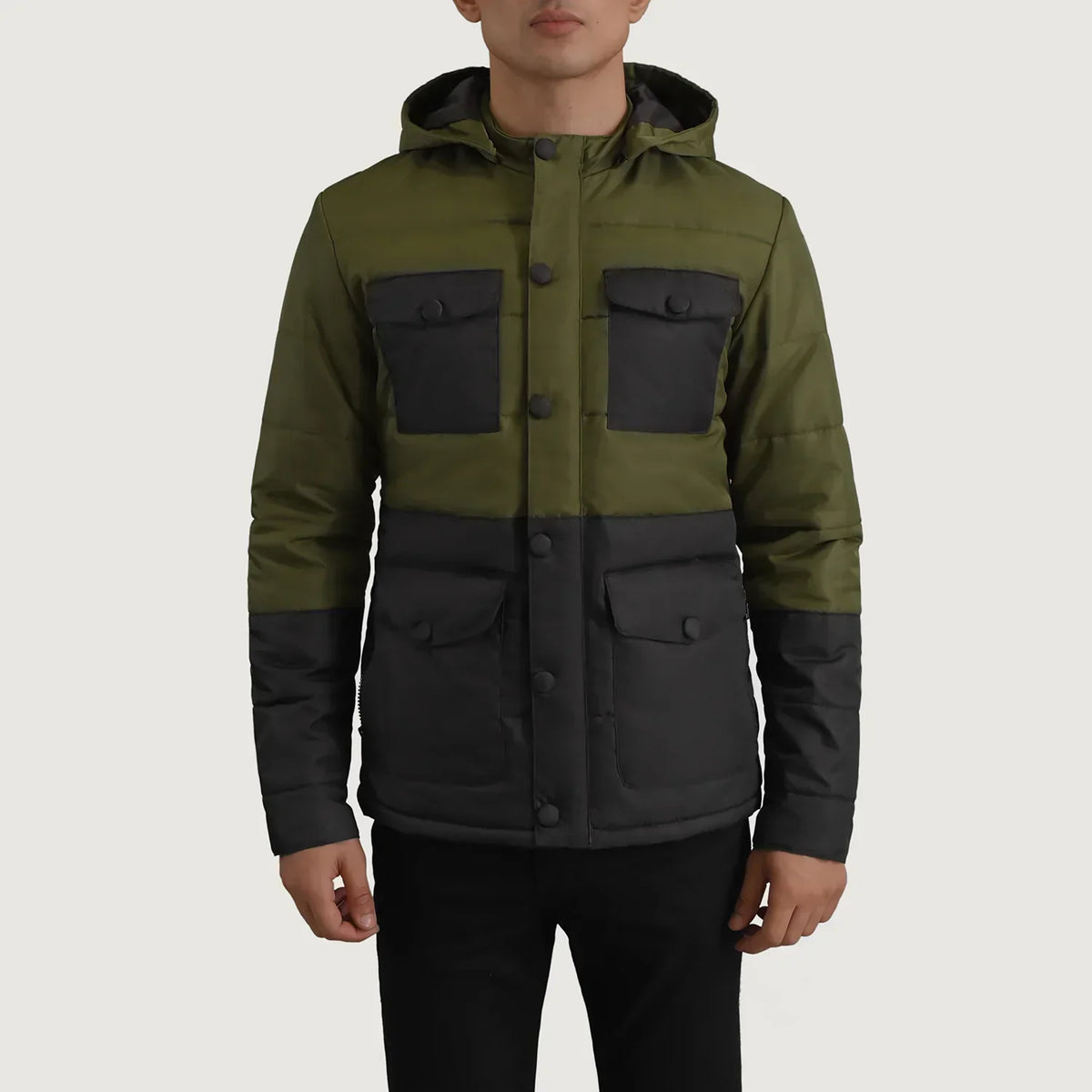 Wayne Black & Green Hooded Puffer Jacket - men's jacket in black & green nylon-polyester fabric, view 4