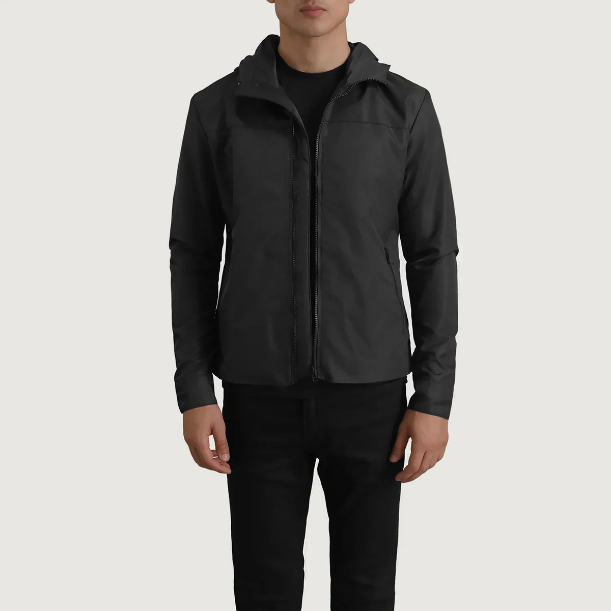 Wesley Black Hooded Windbreaker Jacket - men's jacket in black nylon-polyester fabric, view 1
