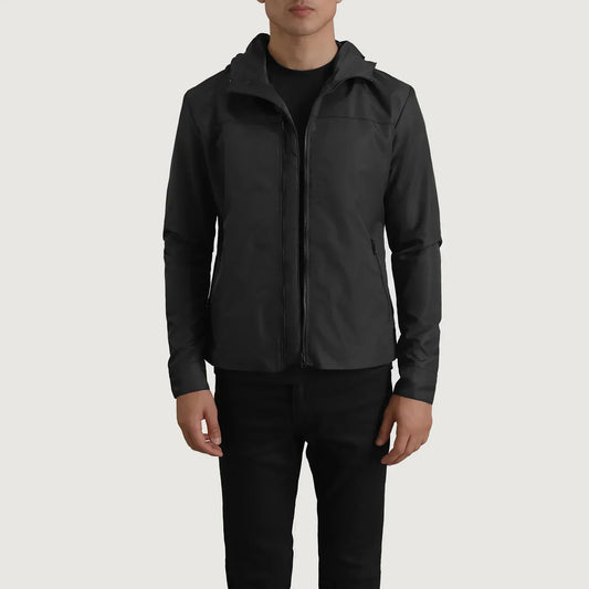 Wesley Black Hooded Windbreaker Jacket - men's jacket in black nylon-polyester fabric, view 1