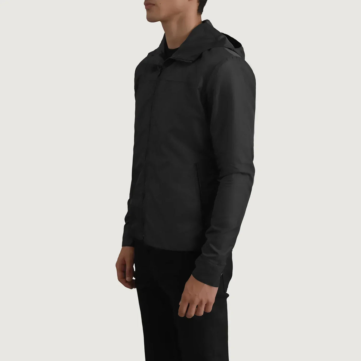 Wesley Black Hooded Windbreaker Jacket - men's jacket in black nylon-polyester fabric, view 2