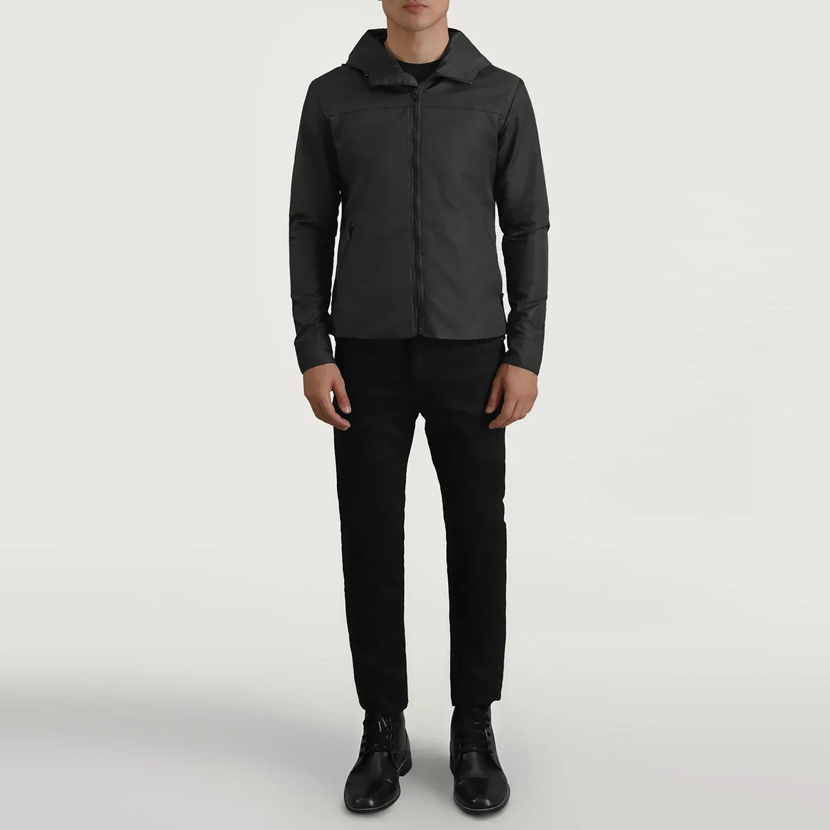Wesley Black Hooded Windbreaker Jacket - men's jacket in black nylon-polyester fabric, view 3