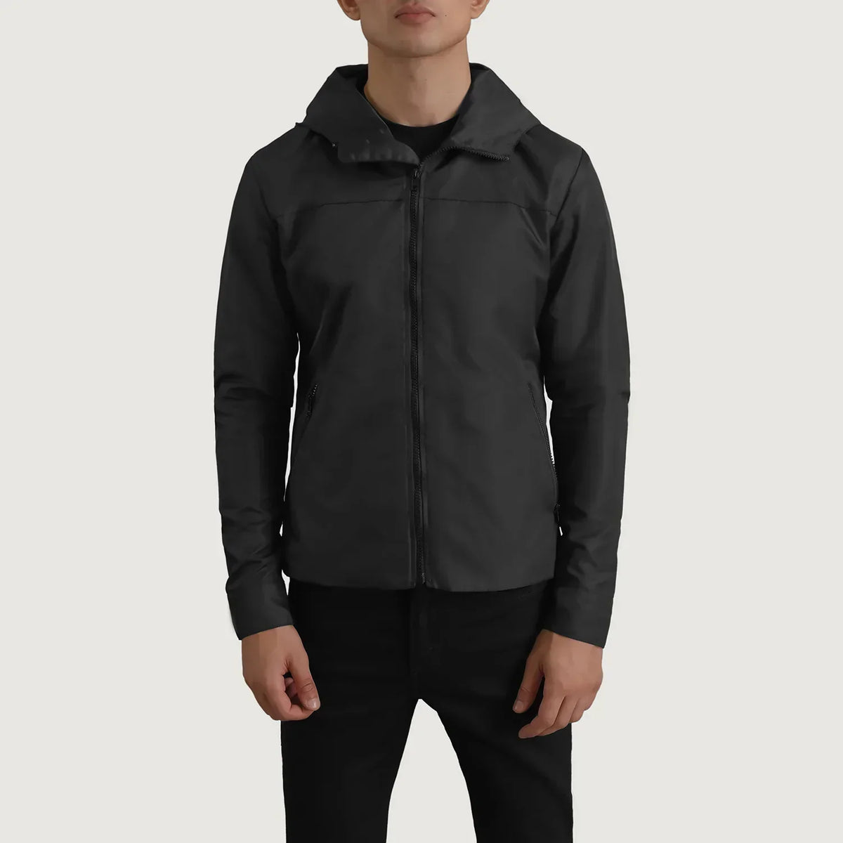 Wesley Black Hooded Windbreaker Jacket - men's jacket in black nylon-polyester fabric, view 4