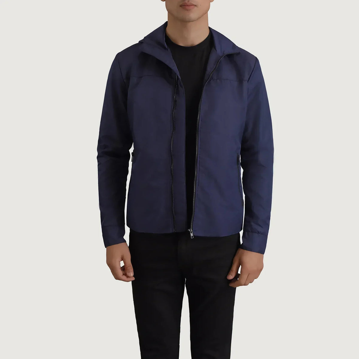 Wesley Blue Hooded Windbreaker Jacket - men's jacket in blue nylon-polyester fabric, view 1