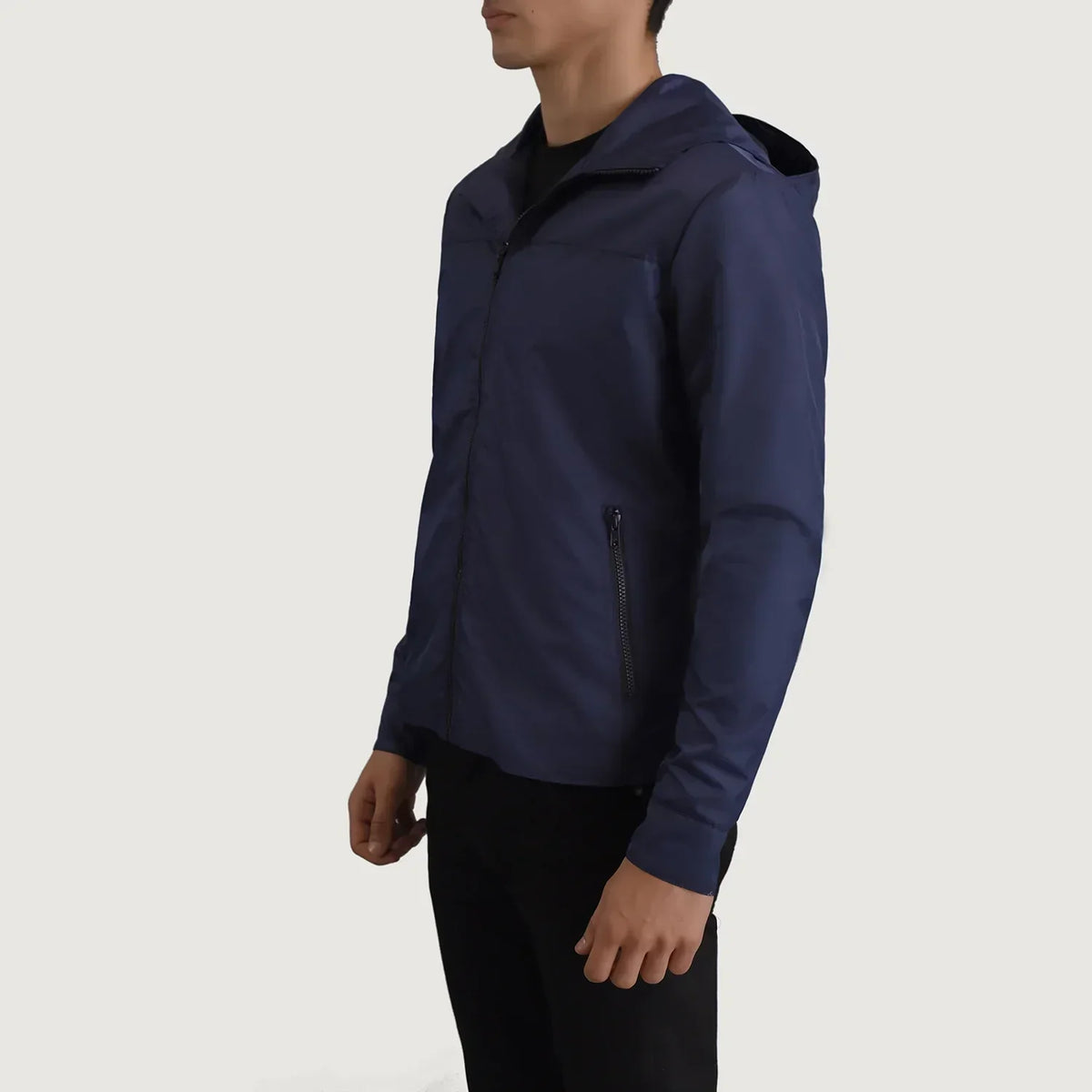 Wesley Blue Hooded Windbreaker Jacket - men's jacket in blue nylon-polyester fabric, view 2