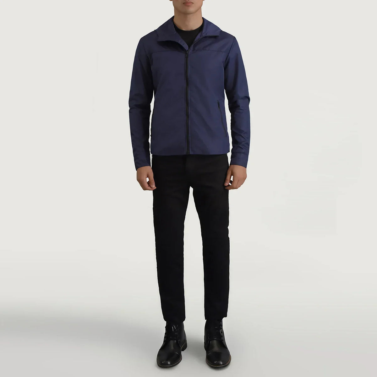 Wesley Blue Hooded Windbreaker Jacket - men's jacket in blue nylon-polyester fabric, view 3