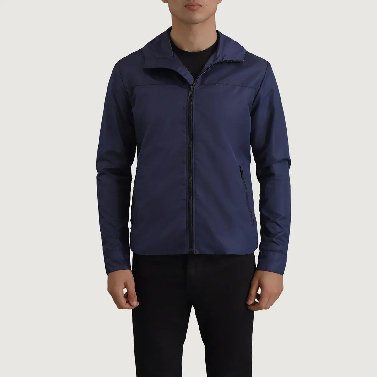 Wesley Blue Hooded Windbreaker Jacket - men's jacket in blue nylon-polyester fabric, view 4