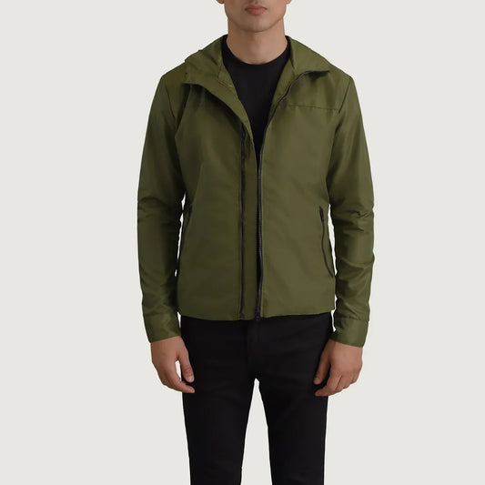 Wesley Green Hooded Windbreaker Jacket - men's jacket in green nylon-polyester fabric, view 1
