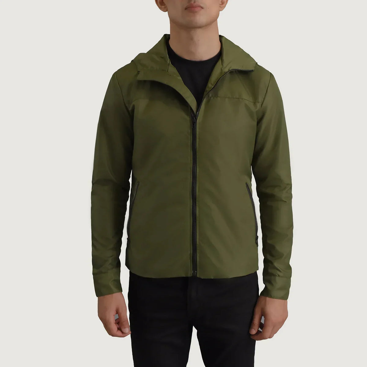 Wesley Green Hooded Windbreaker Jacket - men's jacket in green nylon-polyester fabric, view 4