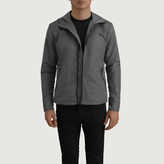Wesley Grey Hooded Windbreaker Jacket - men's jacket in grey nylon-polyester fabric, view 1