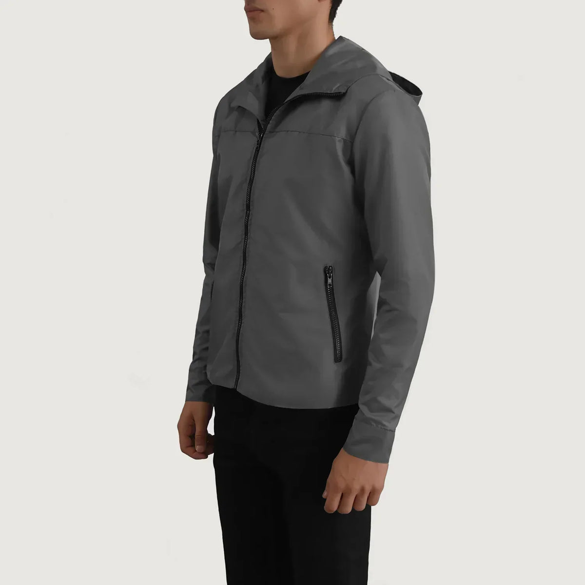 Wesley Grey Hooded Windbreaker Jacket - men's jacket in grey nylon-polyester fabric, view 2