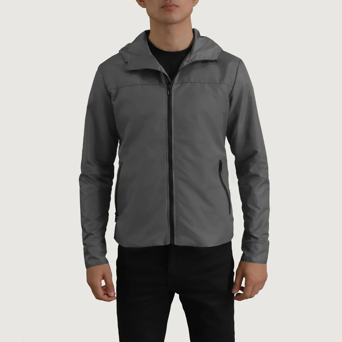 Wesley Grey Hooded Windbreaker Jacket - men's jacket in grey nylon-polyester fabric, view 4