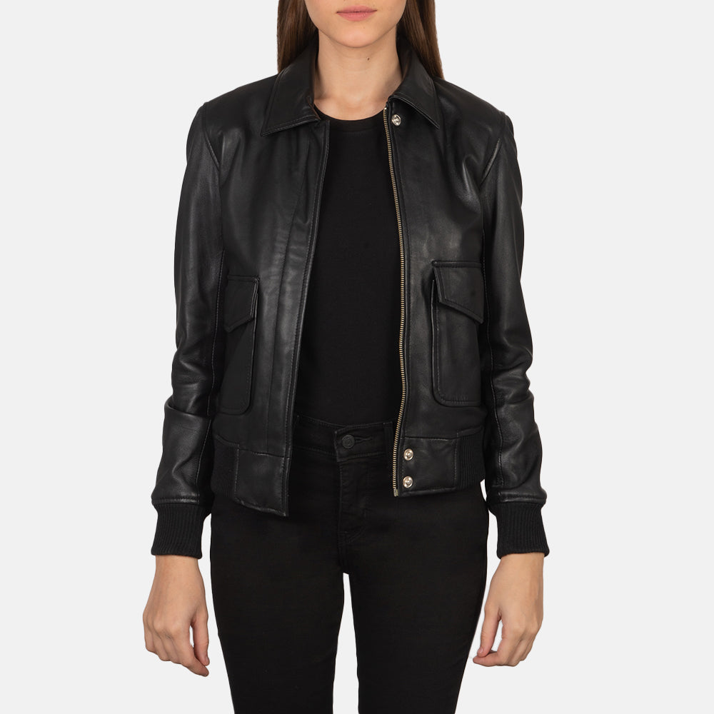 Westa A-2 Black Leather Bomber Jacket - women's jacket in black sheepskin leather, view 1