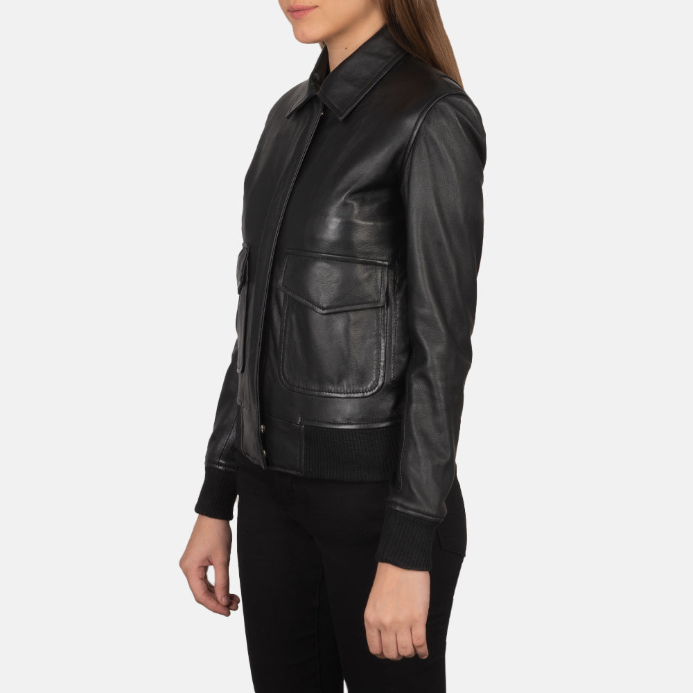 Westa A-2 Black Leather Bomber Jacket - women's jacket in black sheepskin leather, view 2