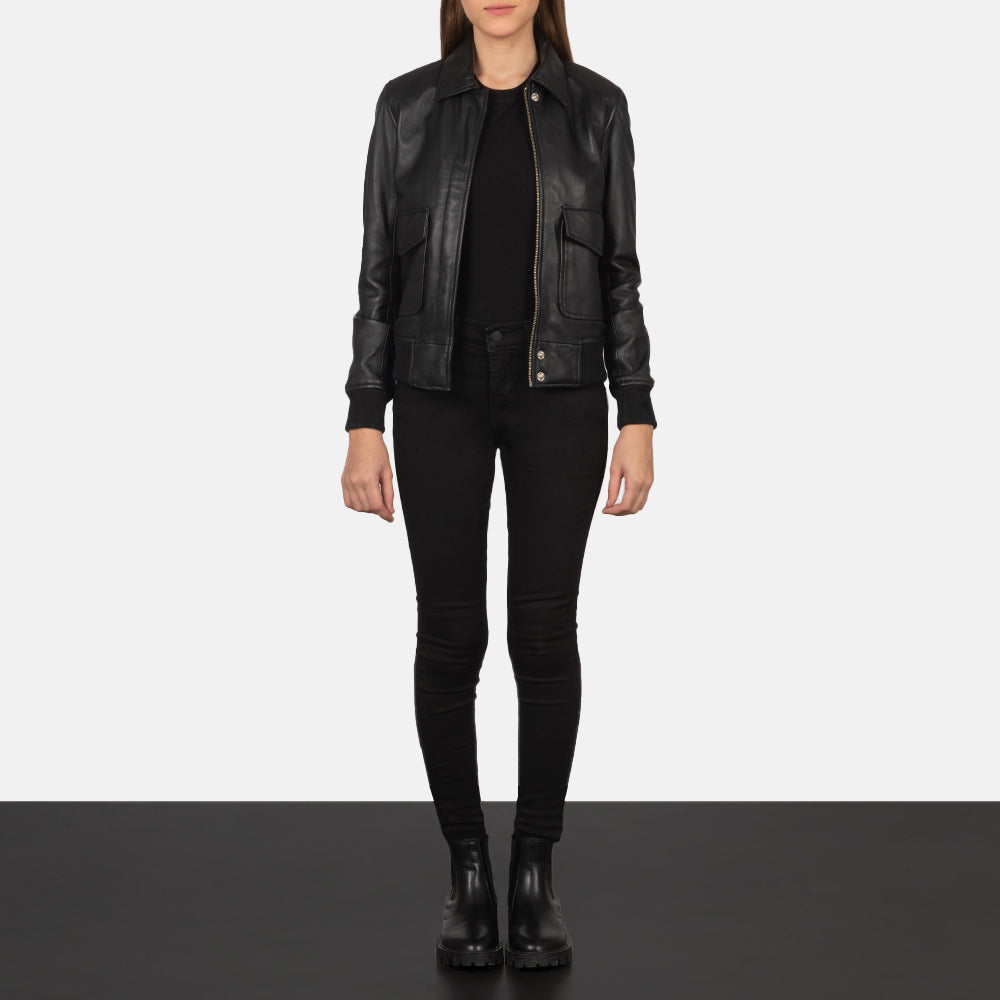 Westa A-2 Black Leather Bomber Jacket - women's jacket in black sheepskin leather, view 3