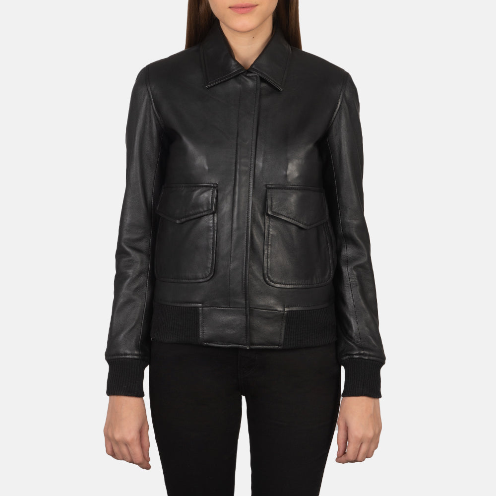 Westa A-2 Black Leather Bomber Jacket - women's jacket in black sheepskin leather, view 4