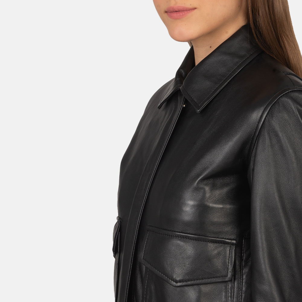 Westa A-2 Black Leather Bomber Jacket - women's jacket in black sheepskin leather, view 6