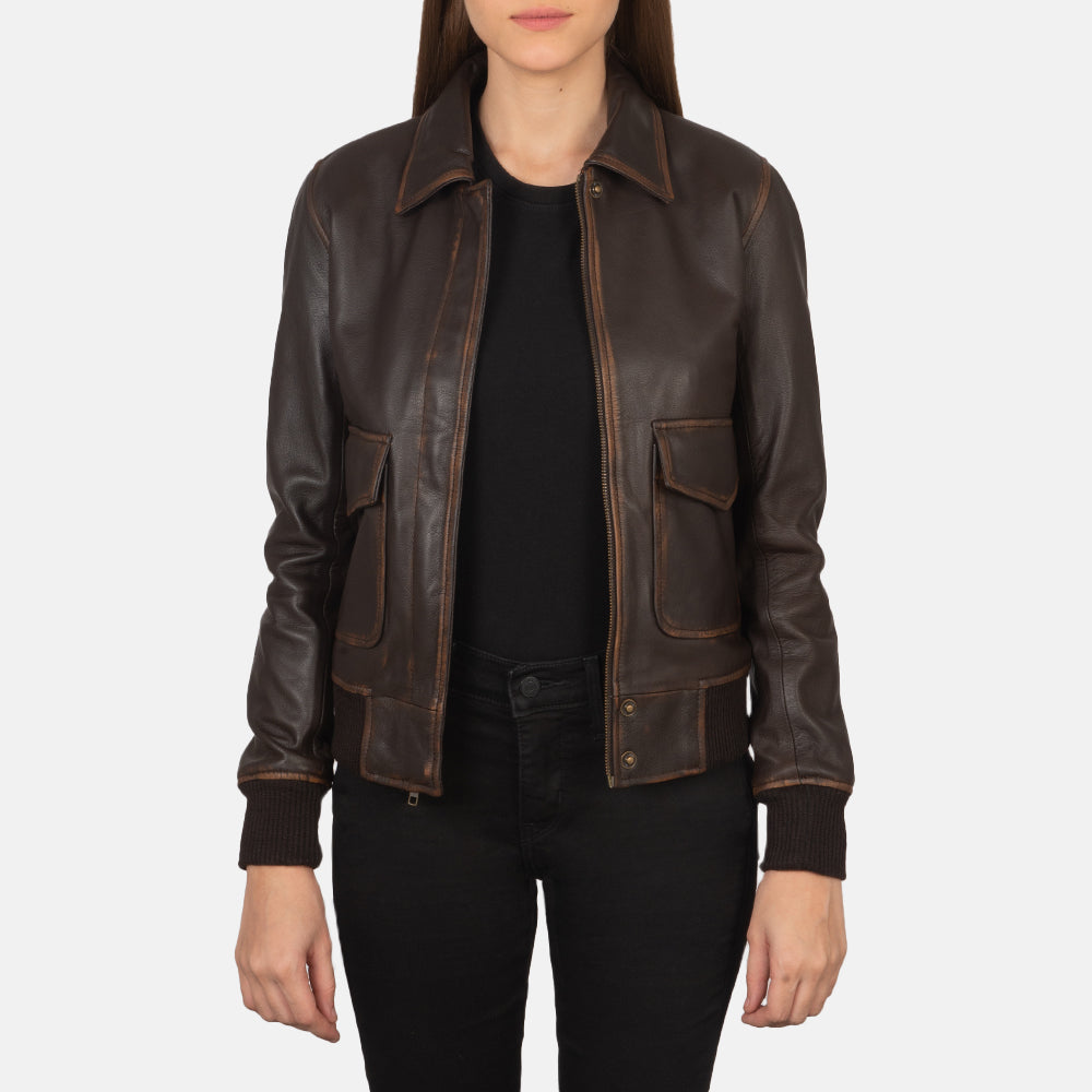 Westa A-2 Brown Leather Bomber Jacket - women's jacket in brown goatskin leather, view 1