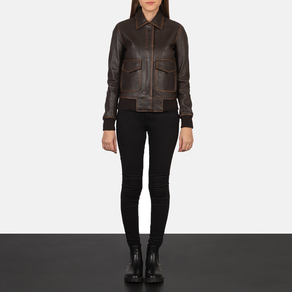 Westa A-2 Brown Leather Bomber Jacket - women's jacket in brown goatskin leather, view 3