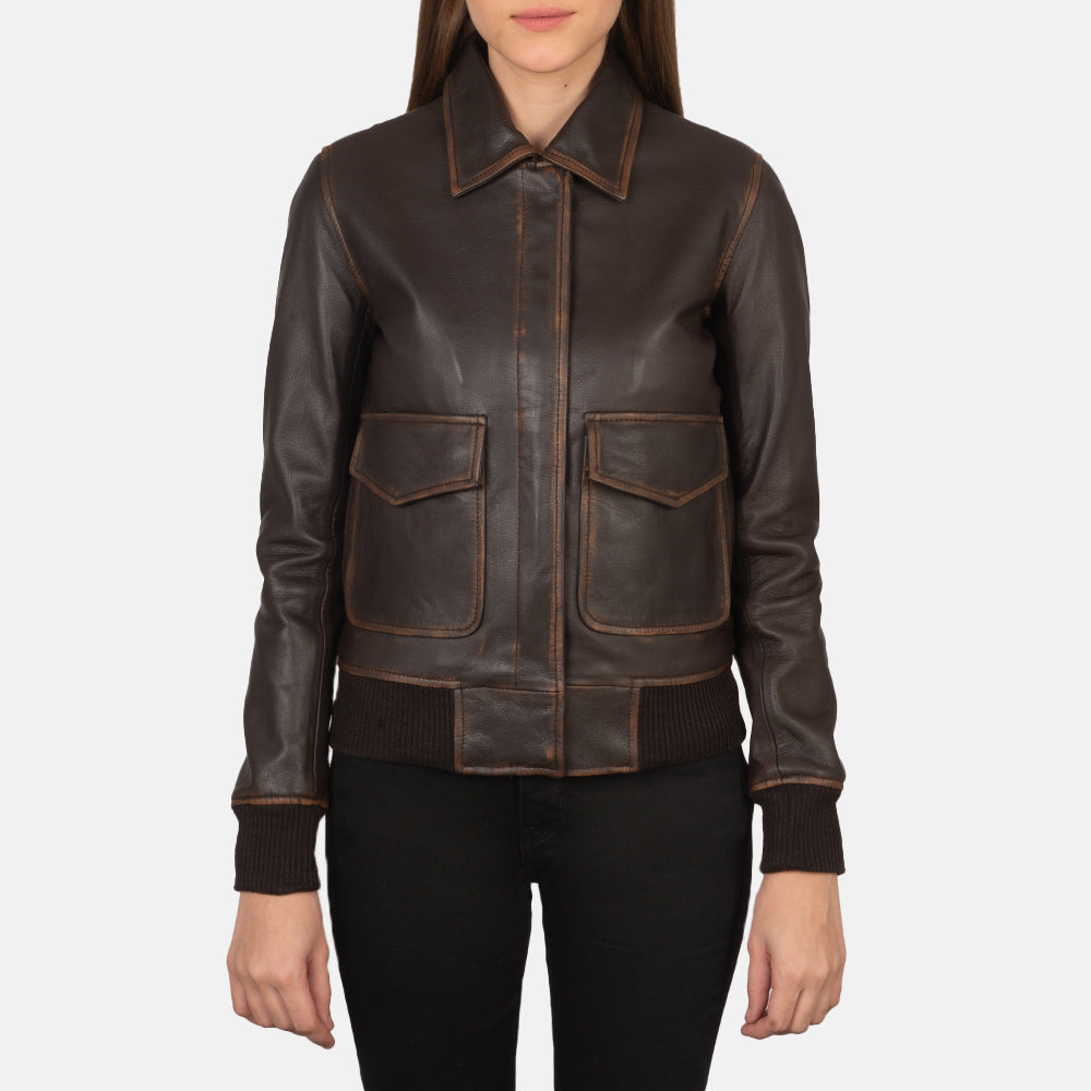 Westa A-2 Brown Leather Bomber Jacket - women's jacket in brown goatskin leather, view 5