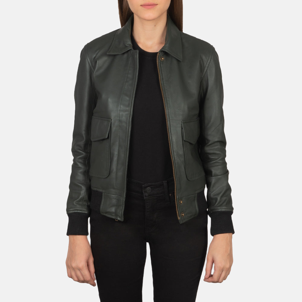 Westa A-2 Green Leather Bomber Jacket - women's jacket in green sheepskin leather, view 1