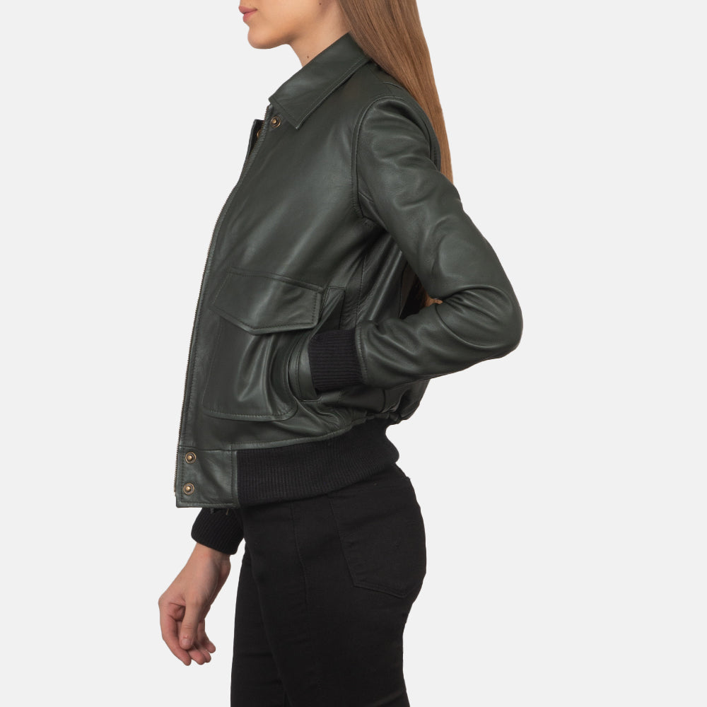 Westa A-2 Green Leather Bomber Jacket - women's jacket in green sheepskin leather, view 2