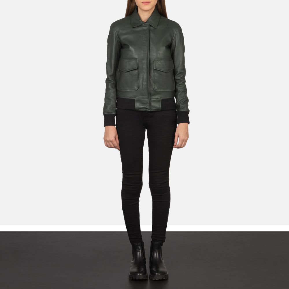 Westa A-2 Green Leather Bomber Jacket - women's jacket in green sheepskin leather, view 3