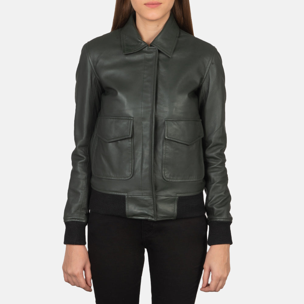 Westa A-2 Green Leather Bomber Jacket - women's jacket in green sheepskin leather, view 4