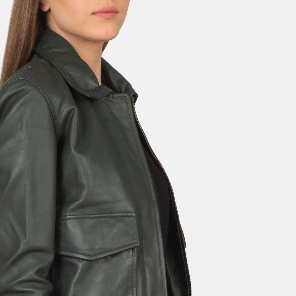 Westa A-2 Green Leather Bomber Jacket - women's jacket in green sheepskin leather, view 6