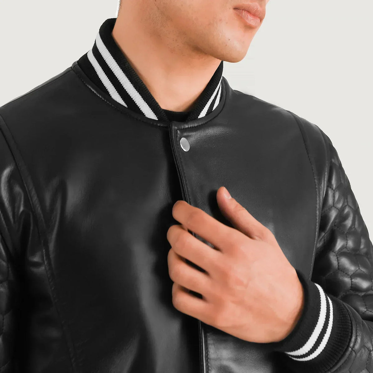 Wilde Black Leather Varsity Coat - men's coat in black sheepskin leather, view 6