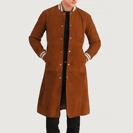 Wilde Brown Suede Varsity Coat - men's coat in brown suede leather, view 1