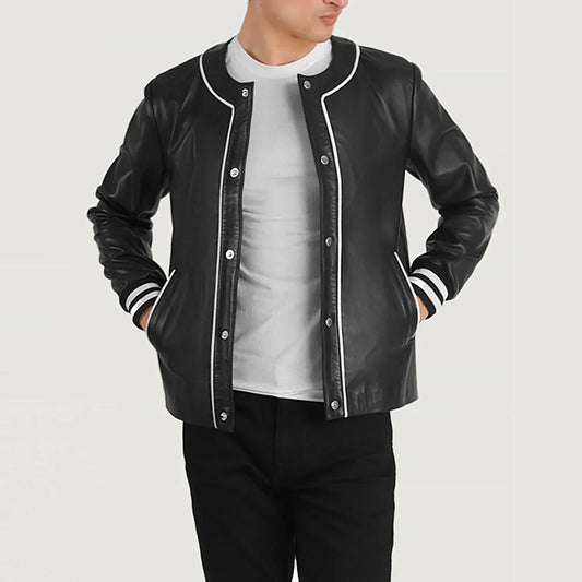 Willis Black Leather Varsity Jacket - men's jacket in black sheepskin leather, view 1