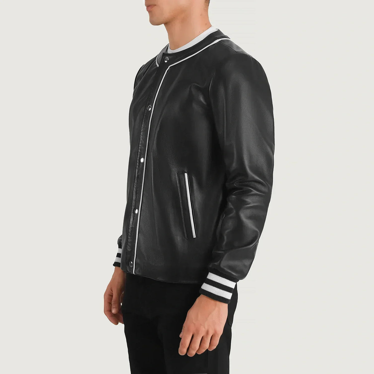Willis Black Leather Varsity Jacket - men's jacket in black sheepskin leather, view 2
