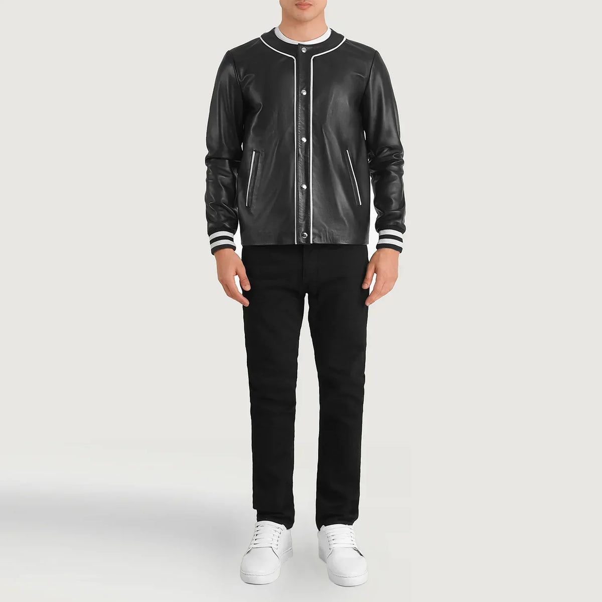 Willis Black Leather Varsity Jacket - men's jacket in black sheepskin leather, view 3