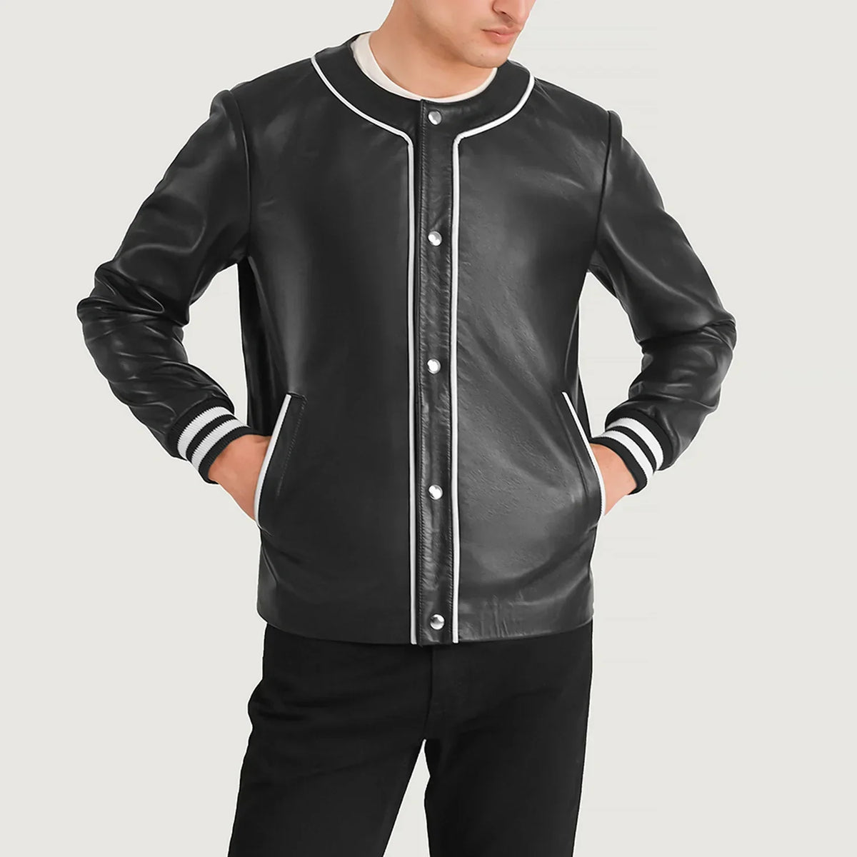 Willis Black Leather Varsity Jacket - men's jacket in black sheepskin leather, view 4