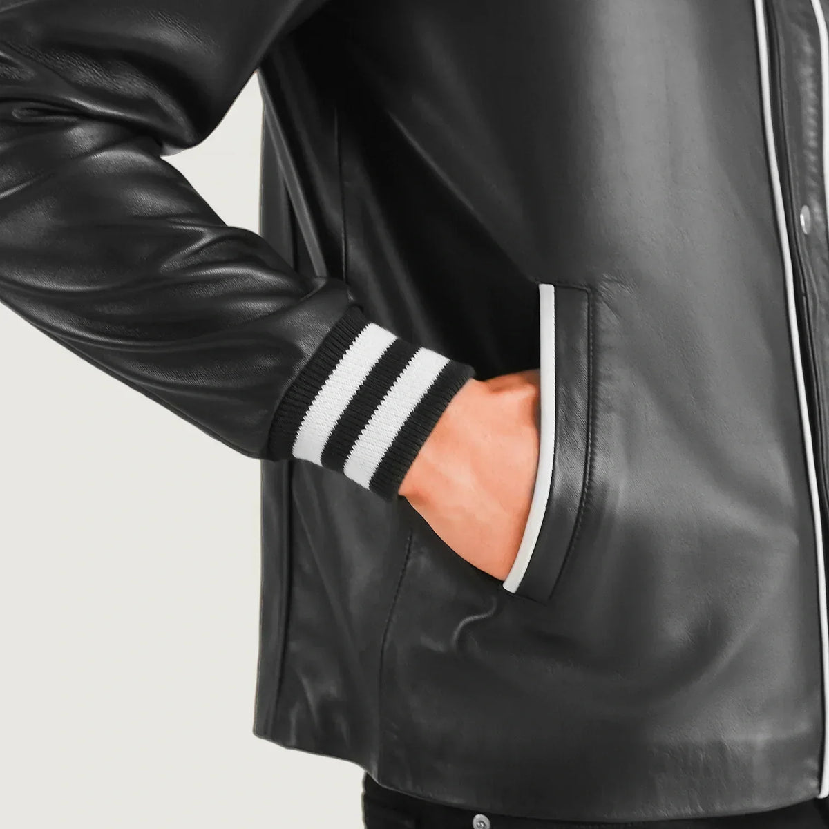 Willis Black Leather Varsity Jacket - men's jacket in black sheepskin leather, view 6