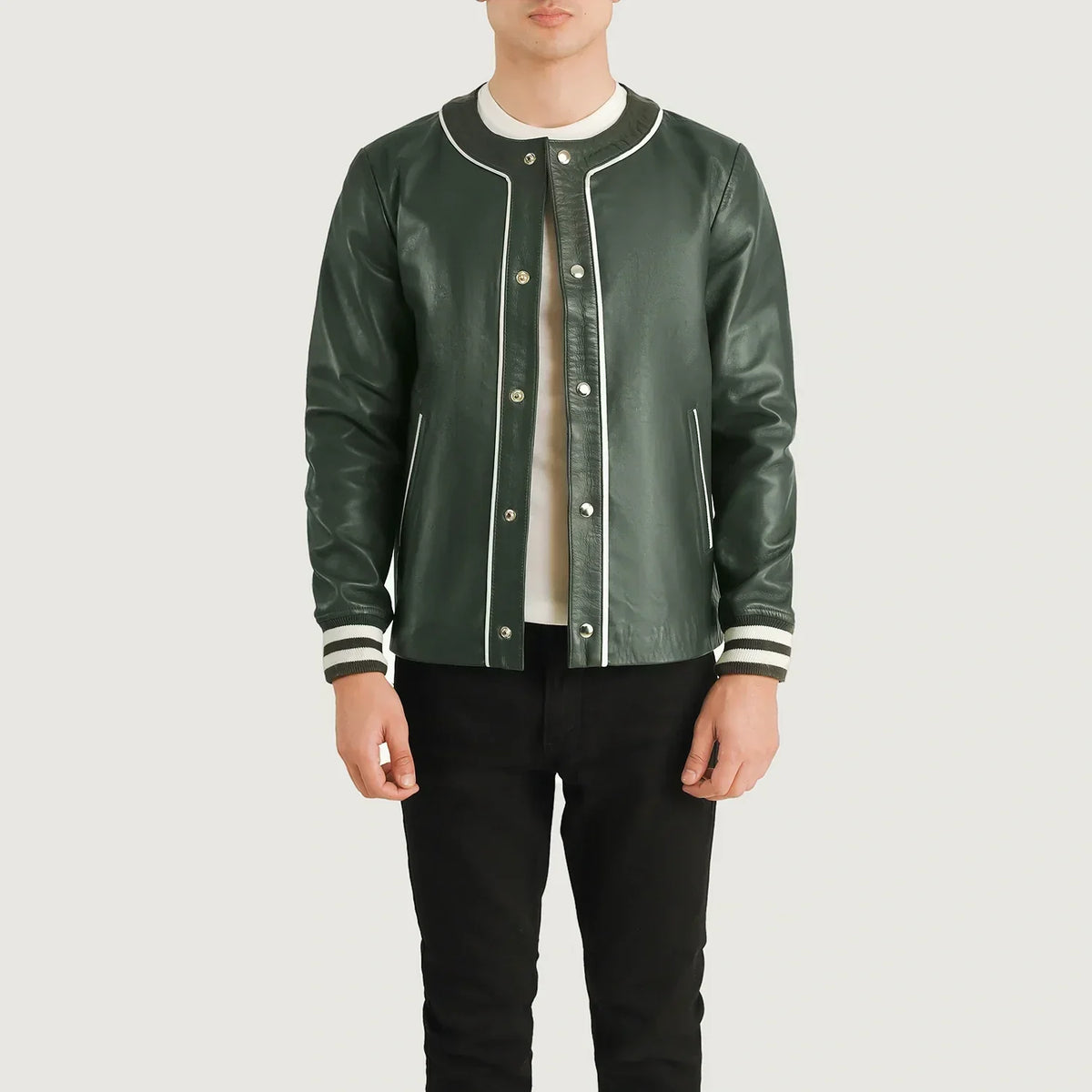 Willis Green Leather Varsity Jacket - men's jacket in green sheepskin leather, view 1