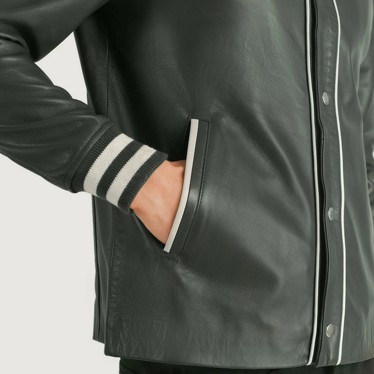 Willis Green Leather Varsity Jacket - men's jacket in green sheepskin leather, view 6