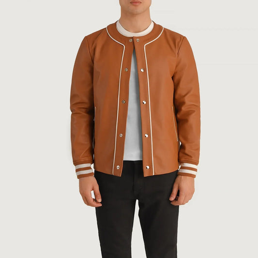 Willis Tan Brown Leather Varsity Jacket - men's jacket in brown & tan sheepskin leather, view 1
