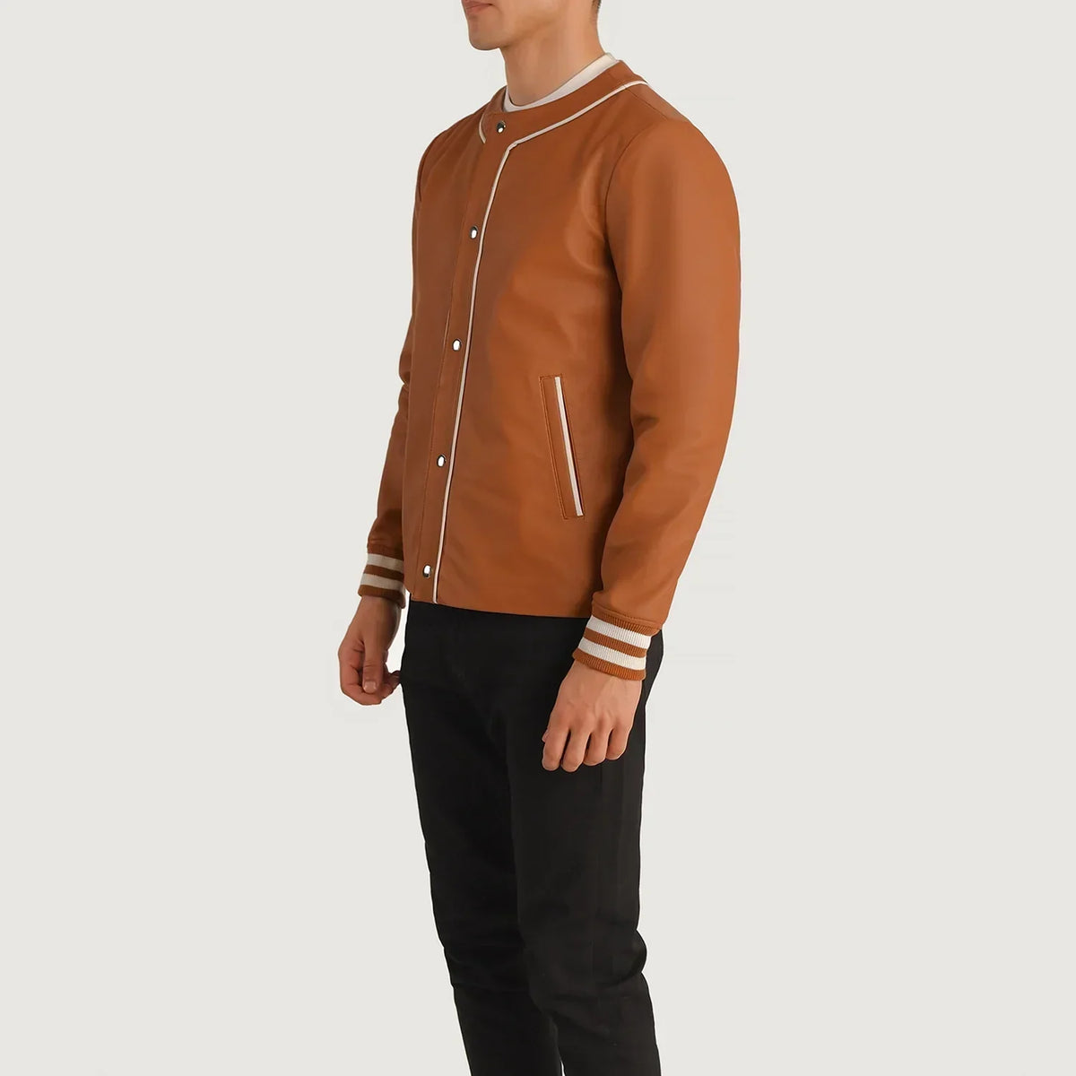 Willis Tan Brown Leather Varsity Jacket - men's jacket in brown & tan sheepskin leather, view 2