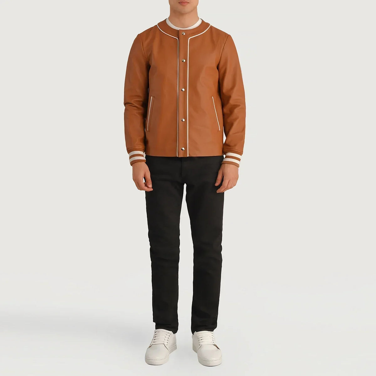 Willis Tan Brown Leather Varsity Jacket - men's jacket in brown & tan sheepskin leather, view 3